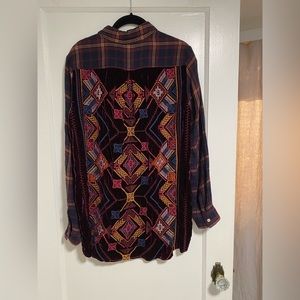 Plaid, velvet, embroidered Johnny Was Button Up Blouse